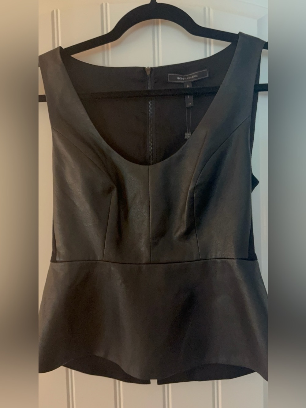 BCBGMAXAZRIA Faux Leather Peplum Top NWT XS